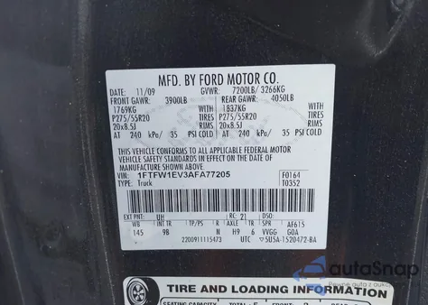 2010 Ford F-150 Fx4/Harley-Davidson/King Ranch/Lariat/Platinum/Xl/Xlt z USA, uszkodzony, nr VIN 1FTFW1EV3AFA77205